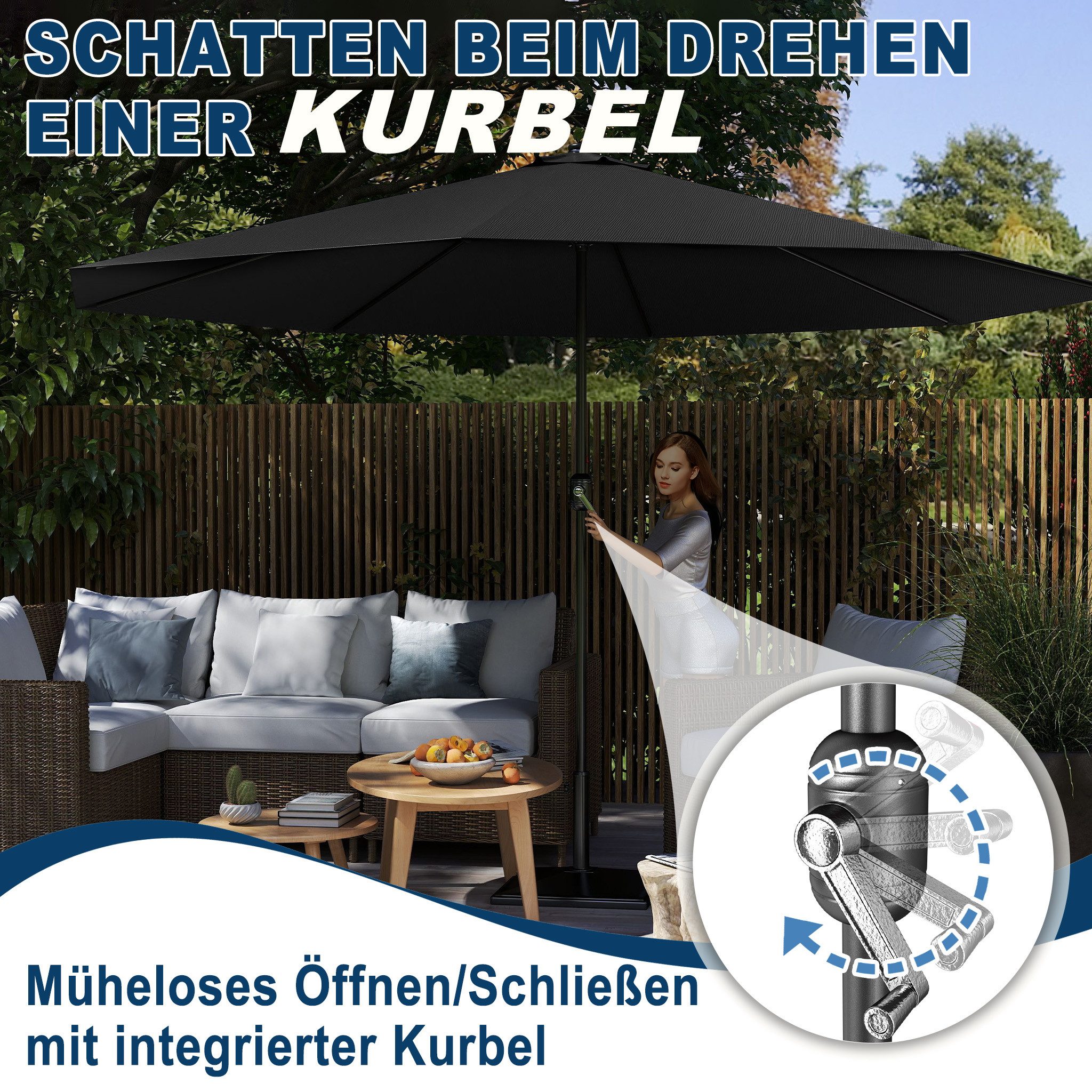 FIVMEN Sonnenschirm Gartenschirm mit Kurbel Terrassenschirm UV Schutz, Marktschirm aus Alu, Terrassenschirm für Balkon Garten