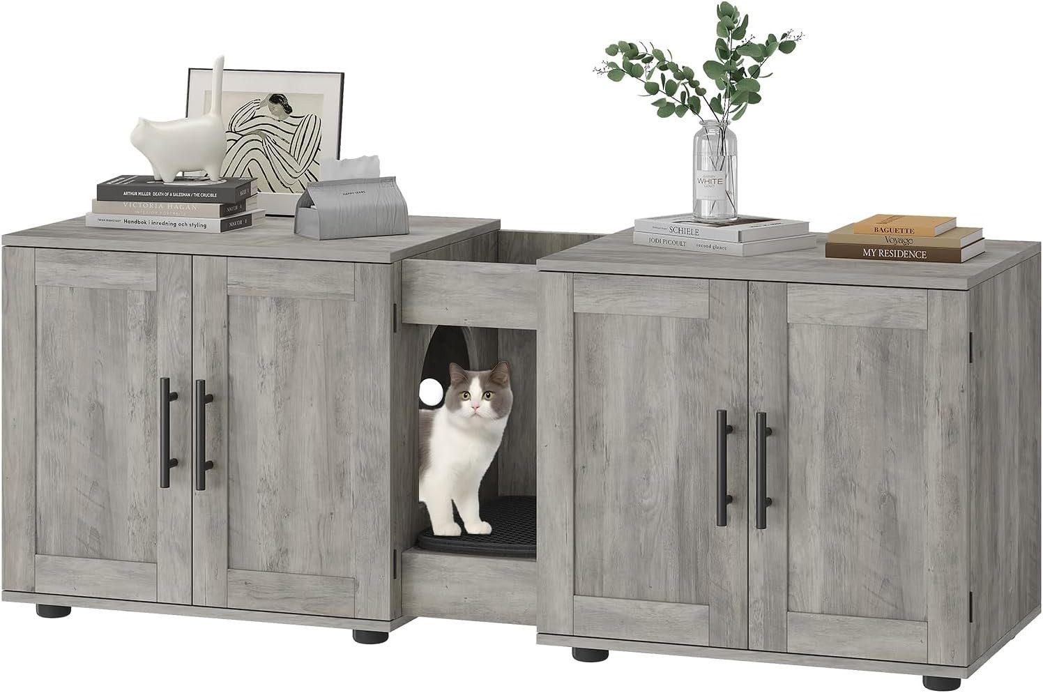 GarveeMore Katzentoilette verstecktes aus Holz mit Doppelraum für 2 Katzen, 55" großes verstecktes Katzentoilettengehäusemöbel mit Doppelzimmern