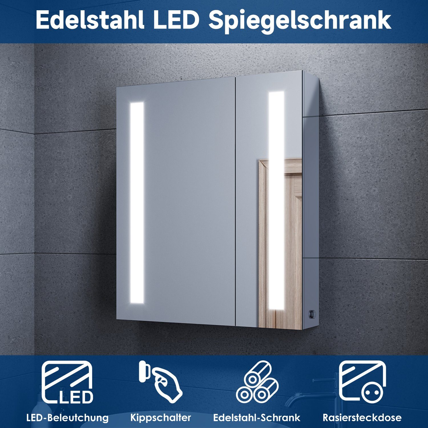 SONNI Spiegelschrank Spiegelschrank bad Edelstahl mit led beleuchtung 60 cm  breit 2-türig mit Kippschalter, Steckdose, verstellbare Einlegeböden,IP44