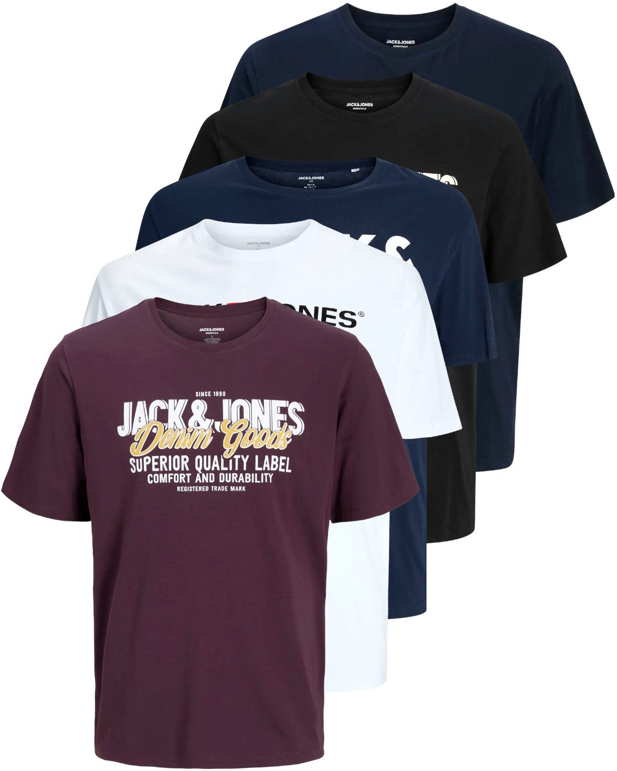 Jack & Jones PlusSize Print-Shirt Weites Shirt mit Printdruck (Spar-Set, 5er-Pack)