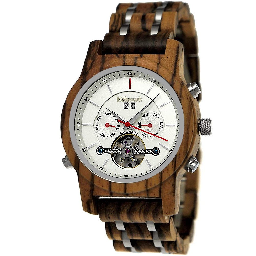 Holzwerk Automatikuhr Holz & Edelstahl Uhr mit Datum, Inklusive Armbandkürzer, Unikat aus Zebrano Holz mit Geschenkbox