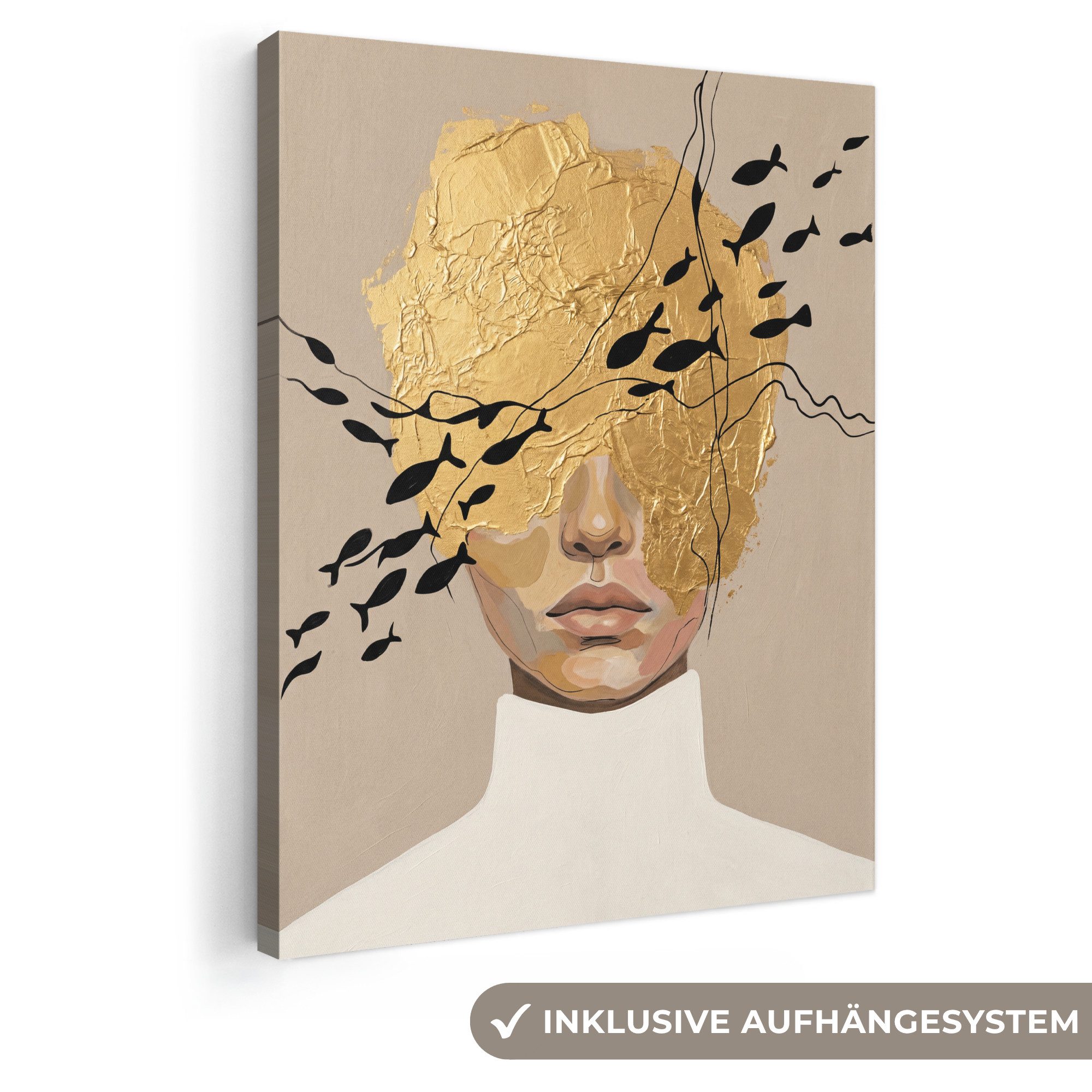 OneMillionCanvasses® Leinwandbild Modern - Frau - Gold, Fotodruck (1 St), Leinwand Bilder für Wohnzimmer Schlafzimmer 30x40 cm