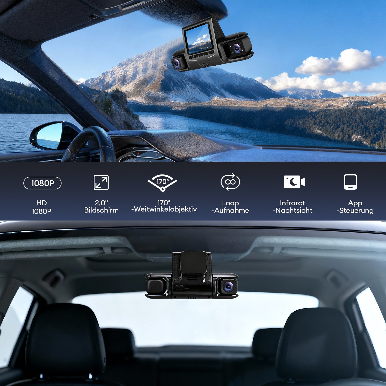 CkeyiN 1080P HDR Dashcam Auto 3-Kanal 1080P+1080P+720P Vorne Hinten Dashcam (Full HD, mit 32GB Speicherkarte 5GHz Wifi 2" IPS-Bildschirm Loop-Aufnahme)