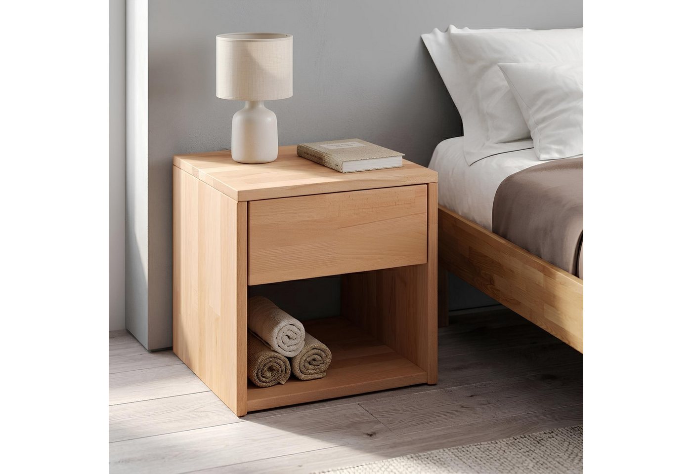 Krok Wood Nachttisch Jana aus Massivholz, geölt, mit Schublade, Farbe Natur 40x39x39 cm