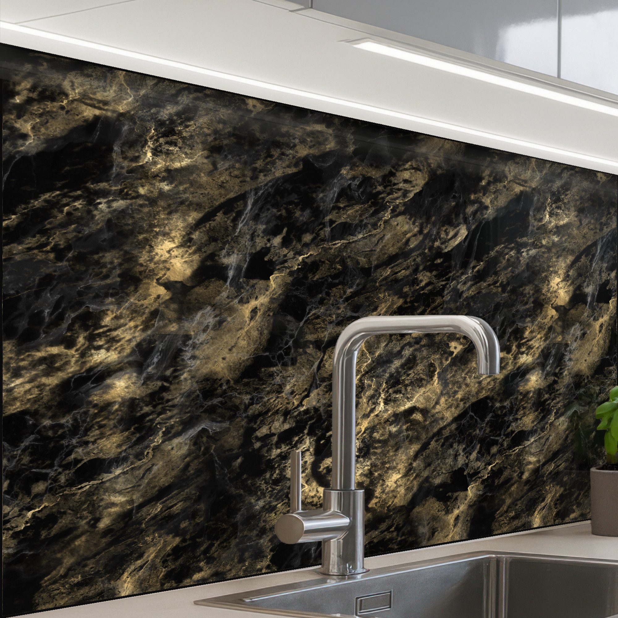 KitchenYeah Küchenrückwand Muster selbstklebend (keine Folie) Marmor - Schwarz - Gold, (1-tlg), Spritzschutz, Küche, Rückwand, Küchenwand, Küchenfront, 30x20 cm