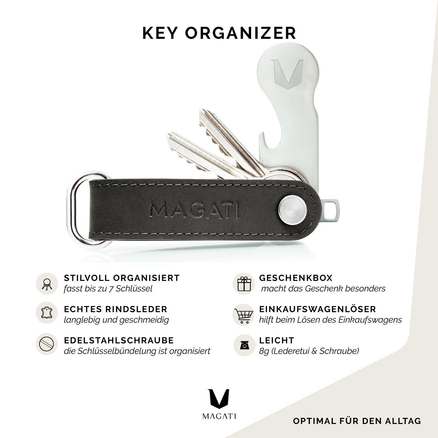 Graphit Organizer Schlüsseletui Key Damen Schlüsseltasche (Inkl. aus Schlüssel mit Profiltiefenmesser), für Herren Flaschenöffner, Schlüsselfundservice 1-7 Geschenkbox, für Holder & Einkaufswagenlöser, MAGATI Key Echtleder,