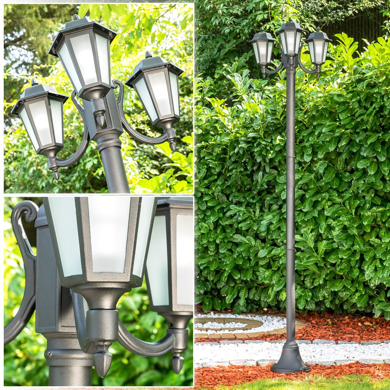 hofstein Außen-Stehlampe »Nurri« Außenleuchte Kandelaber in antikem Look, ohne Leuchtmittel, Aluguss in Schwarz matt mit Milchglas-Scheiben, 3-armig, E27, IP44