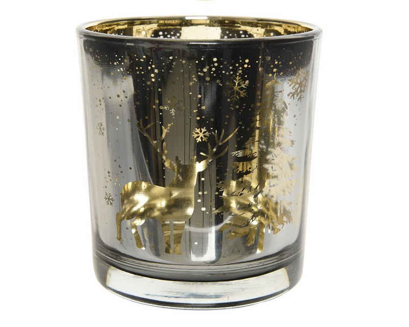 Decoris season decorations Teelichthalter, Teelichthalter Glas mit Motiv Hirsch im Wald 8 cm grau