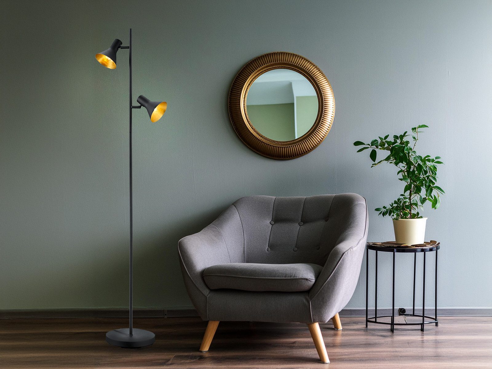 Reality Leuchten LED Stehlampe, Dimmfunktion, LED wechselbar, Warmweiß, Leselampe mehrflammig Industrial dimmbar Schwarz Gold-en Ecke, H 144cm
