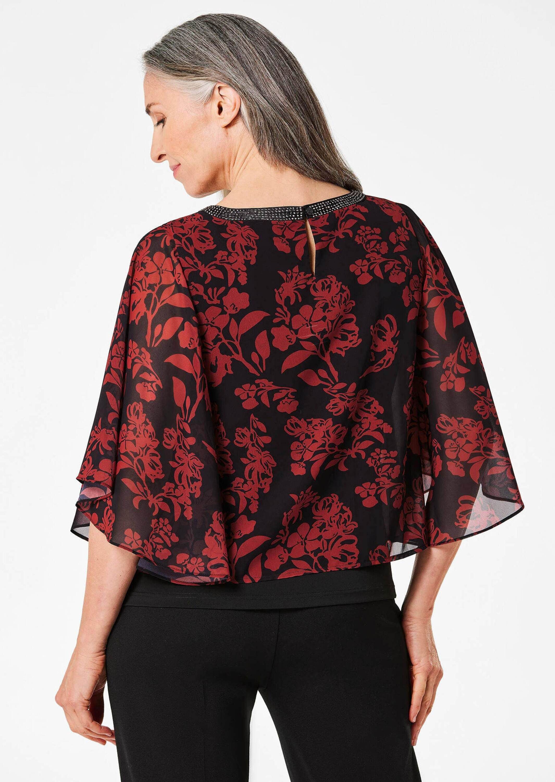 GOLDNER Klassische Bluse Kurzgröße: Florale Printbluse, U-Boot-Ausschnitt Chiffonbluse mit Glitzersteinen und weiten 3/4-Ärmeln