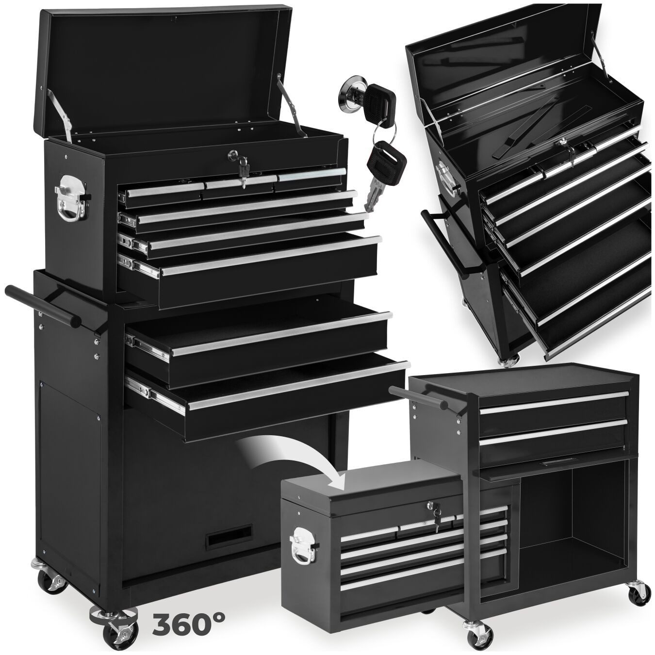 tectake Werkzeugwagen Werkstattwagen mit 10 Fächern, schwarz, 8 kugelgelage günstig online kaufen