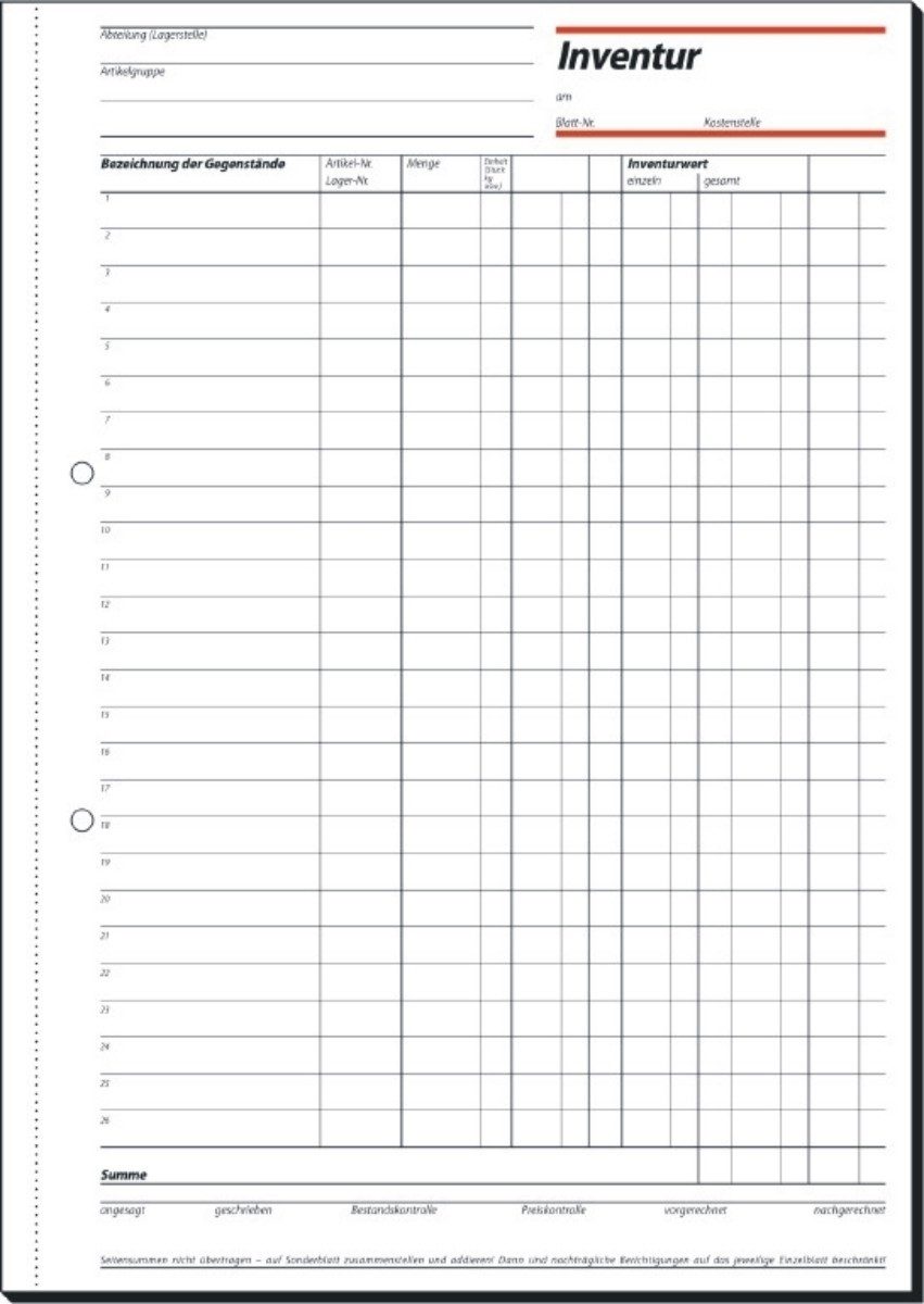 Formularblock Formularbuch Inventurbuch A4hoch weiß VE=50 Blatt
