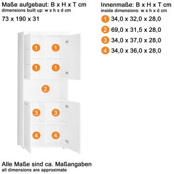 Lomadox Hochschrank ALTENA-19 Mehrzweckschrank Badezimmer in Weiß Hochglanz, B/H/T: 73/190/31 cm
