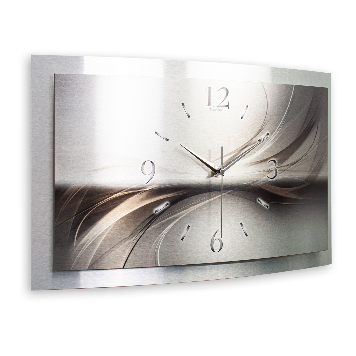 Funkwanduhr Kreative flüsterleises 3D Feder Uhrwerk) gebürstetem Aluminium einzigartiges aus Zwei-Platten-Design; „Silverline“ (3D-Wölbung; Designer-Wanduhr