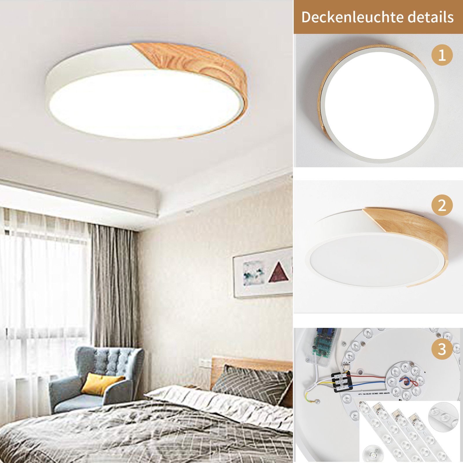 style home LED Deckenleuchte Deckenlampe aus Metall, 36W, dimmbar mit Fernbedienung, 3000K-6000K, für Wohnzimmer Schlafzimmer Kinderzimmer Küche Büro Holz (40x40x4cm)