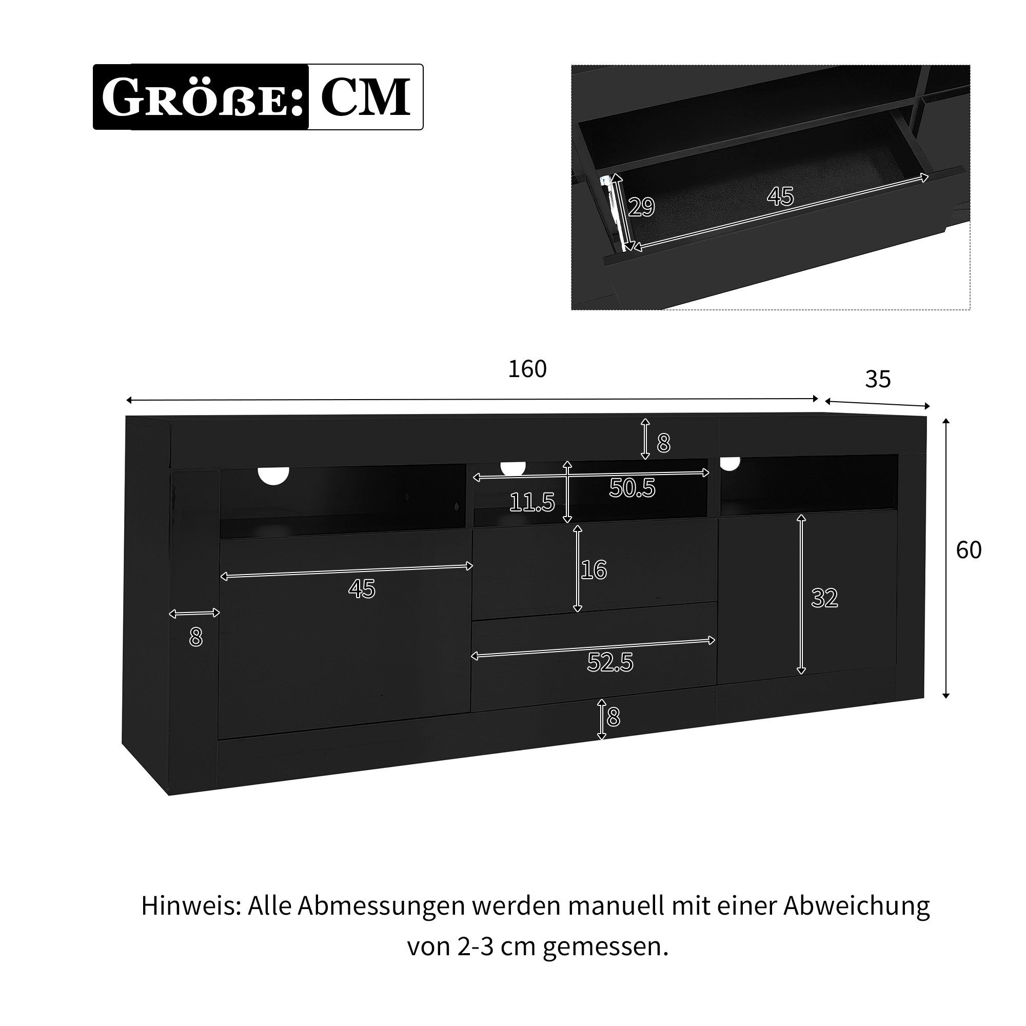 HAUSS SPOLE Lowboard with LED lighting, 3 open compartments, 2 doors, 2 drawers, black (TV stand for 70-inch TVs, 3 open compartments, 2 doors, 2 drawers), with LED lighting