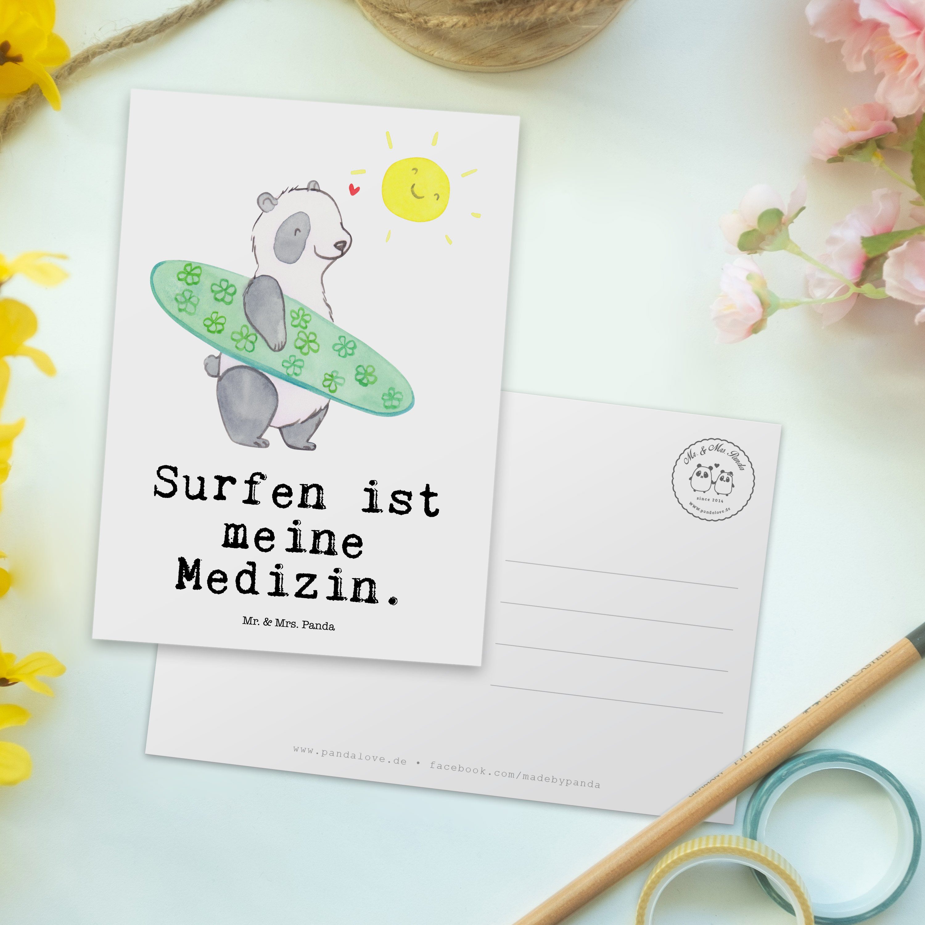 Mr. & Mrs. Panda Postkarte Weiß Dankeschön, Ansichtskarte, Geschenk, Panda Surfen - - Su Medizin