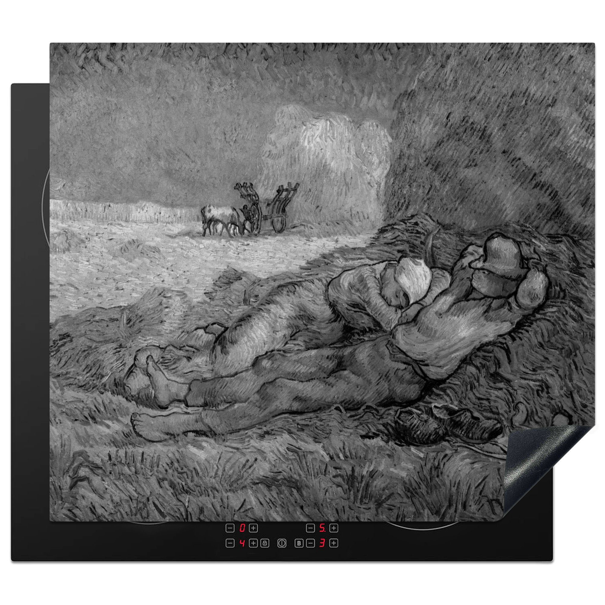 Vincent für - Rest küche, - - des Weiß, (1 van Vinyl, Ceranfeldabdeckung Schwarz Gogh die MuchoWow tlg), Werkes Induktionsmatte cm, Herdblende-/Abdeckplatte 59x52