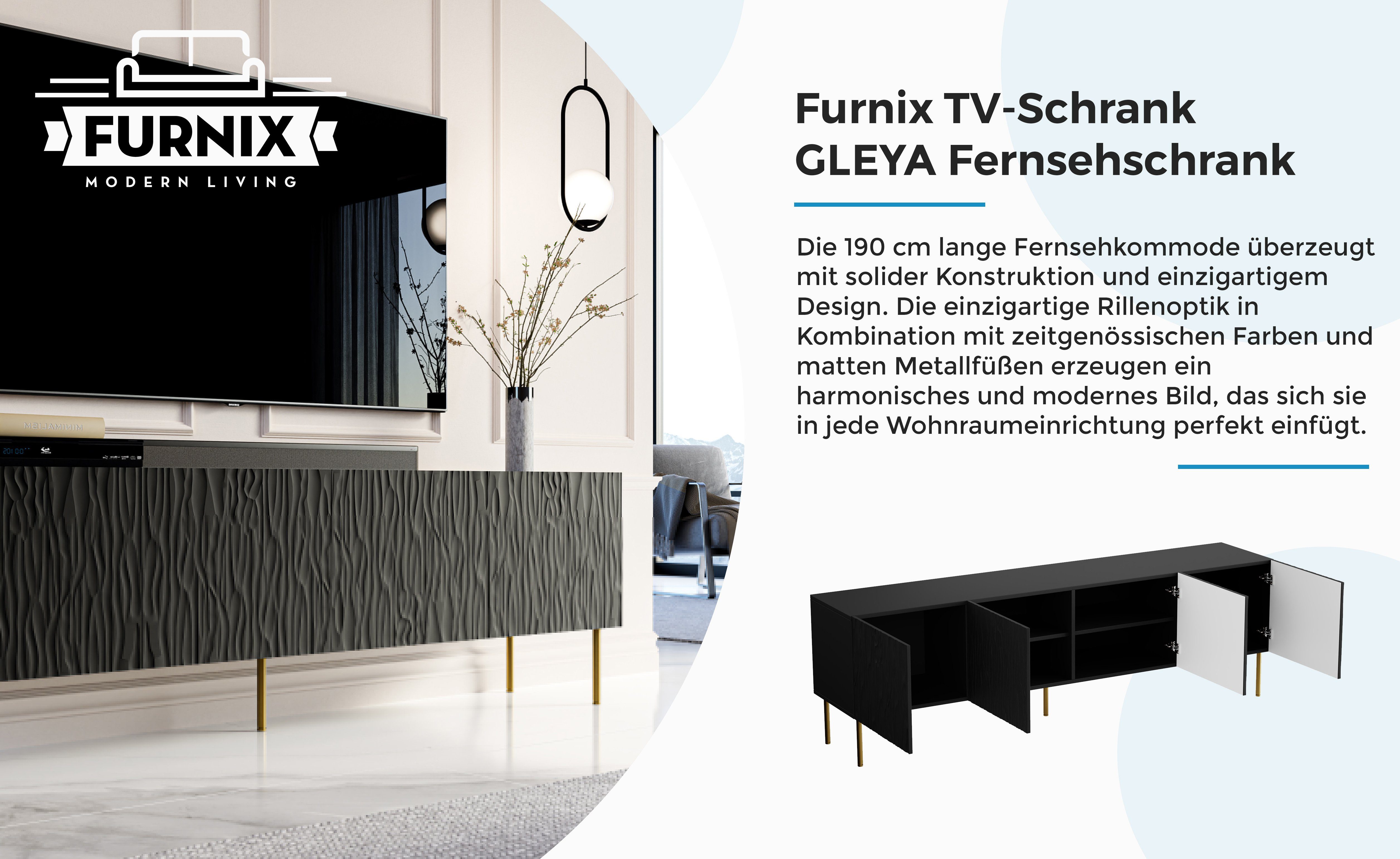Furnix TV-Schrank GLEYA 190 multifunktionell Fronten Struktur Schwarz gefrästen mit Fernsehschrank