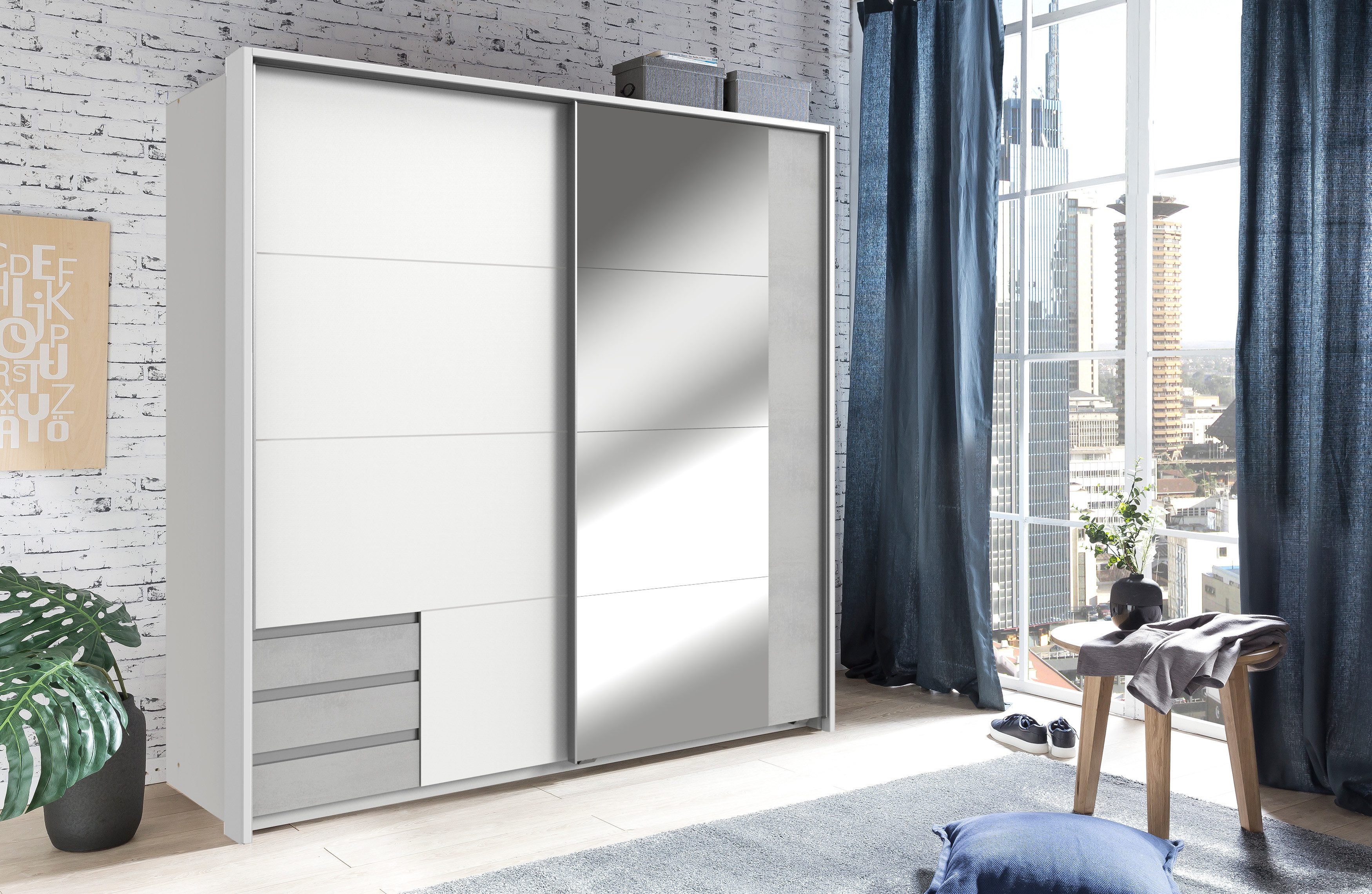 möbel-direkt.de Schwebetürenschrank Emden in Weiß mit Beton (komplett, 1-St., Kleiderschrank) Made in Germany