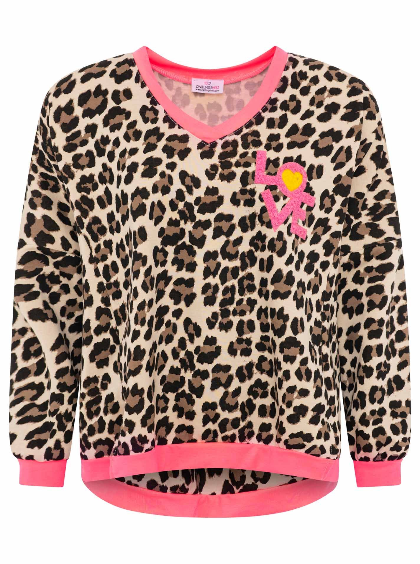Zwillingsherz Sweatshirt "Neon Leo" V-Neck, auffälliges Leopardenmuster, Bündchen Neonfarben, LOVE Print – Bild 2 von 5