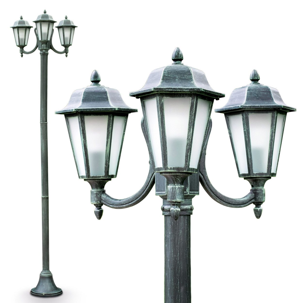 hofstein Außen-Stehlampe »Nurri« Außenleuchte Kandelaber in antikem Look, ohne Leuchtmittel, Aluguss in Schwarz/Grün mit Milchglas-Scheiben, 3-armig, E27, IP44