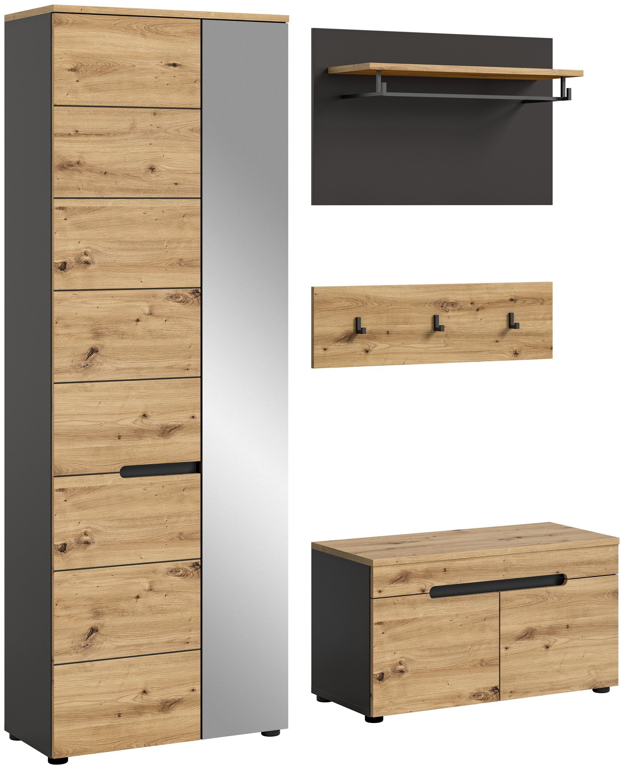 Newroom Garderoben-Set Basalt Grau 160 cm, Garderoben-Set Artisan Eiche Basalt Grau Flurmöbel Garderobenschra...