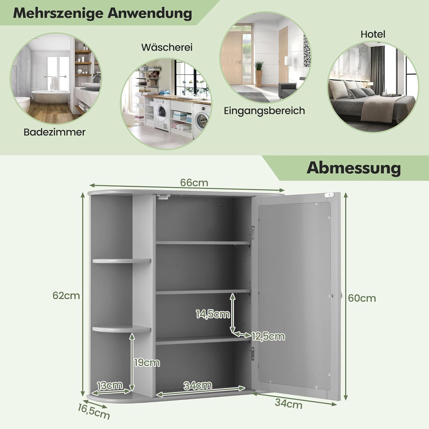 KOMFOTTEU Spiegelschrank Badschrank Hängeschrank Wandschrank mit Ablagen, 66 x 17 x 63 cm