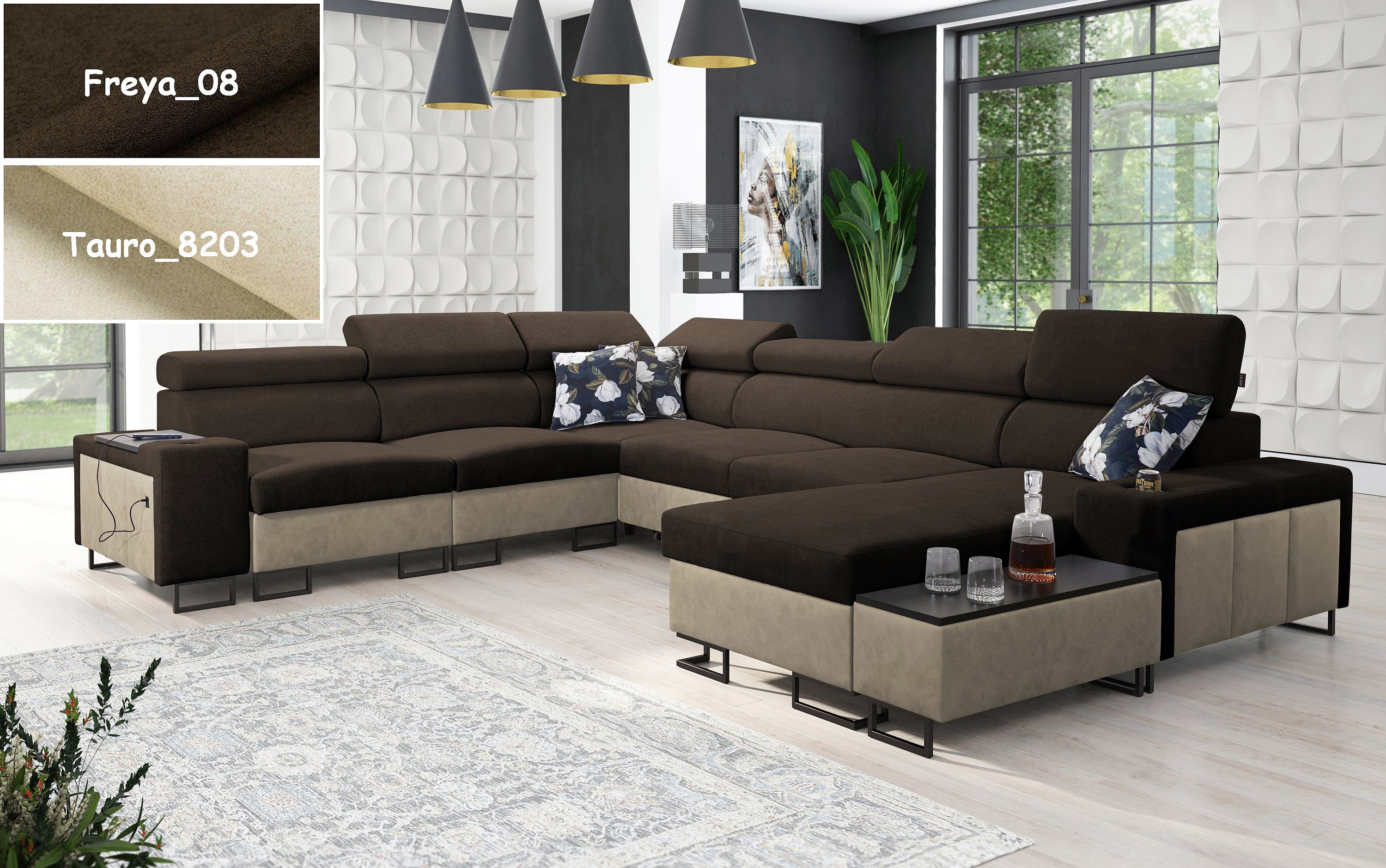 Möbel für Dich Wohnlandschaft XXL Melody VIII in U Form, mit Ablagen, Becherhalter, USB-Ladebüchse, Beistelltisch, 3 Bettkästen
