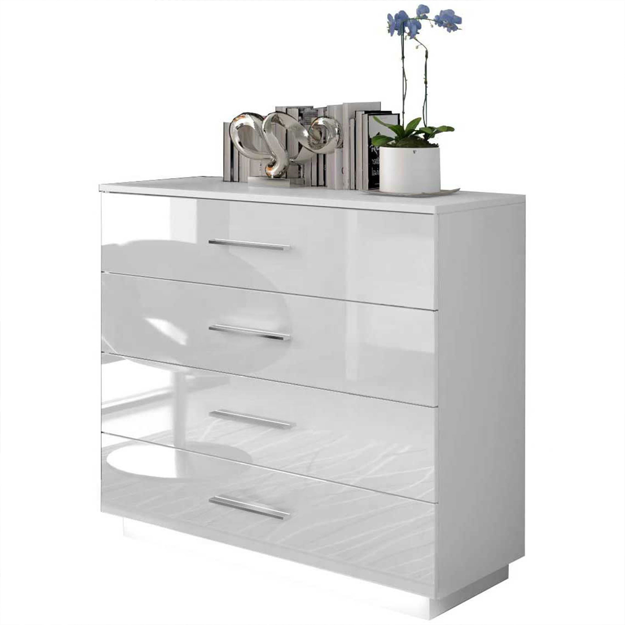 Lookway Kommode LINA mit Chrom Griffen und LED Weiß / Weiß hochglanz, 95x40x85 – Bild 4 von 5