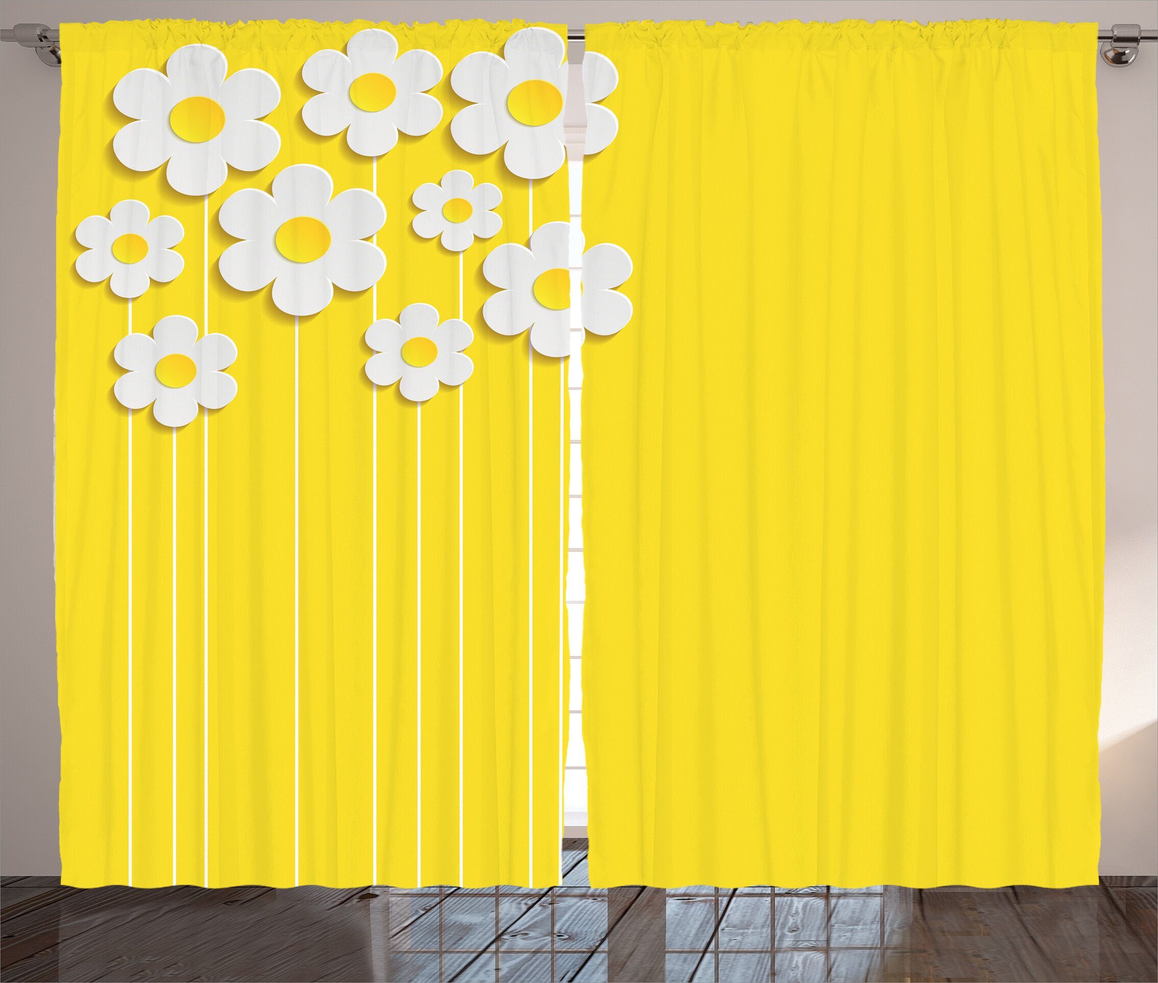 Schlaufen Vorhang Gardine Kräuselband Gelb Abakuhaus, Haken, mit Schlafzimmer Cartoon-Frühlings-Blumen und