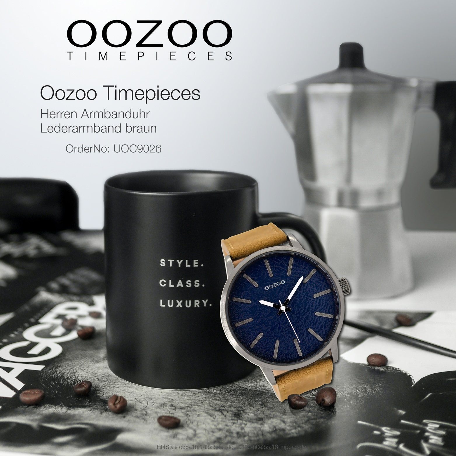 Oozoo Fashion-Style Herrenuhr Quarzuhr braun, Lederarmband, groß extra Herren 48mm) (ca. Armbanduhr rund, OOZOO