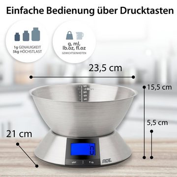 ADE Schüsselwaage mit Mehrzweckschüssel und LCD-Display, abnehmbare Edelstahlschale mit Literskala, großes Display, bis 5 kg