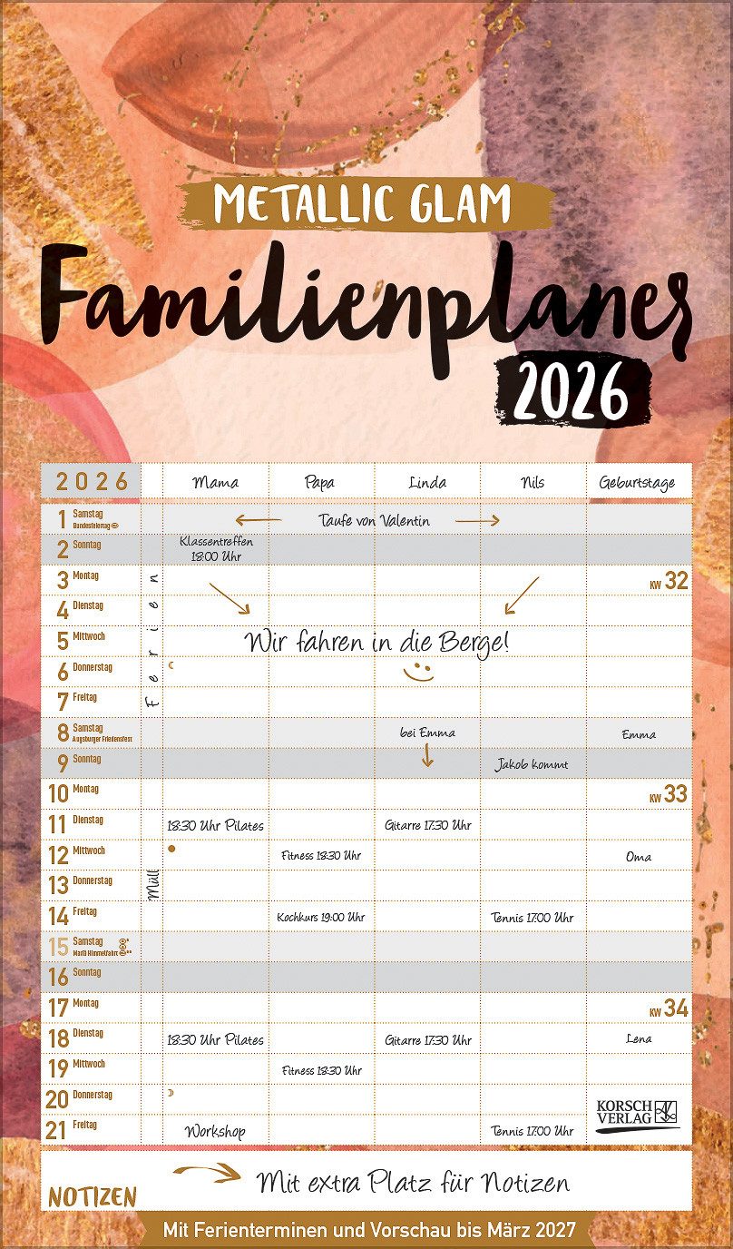 Korsch Verlag Familienkalender Korsch Календари Familienplaner Metallic Glam 2026