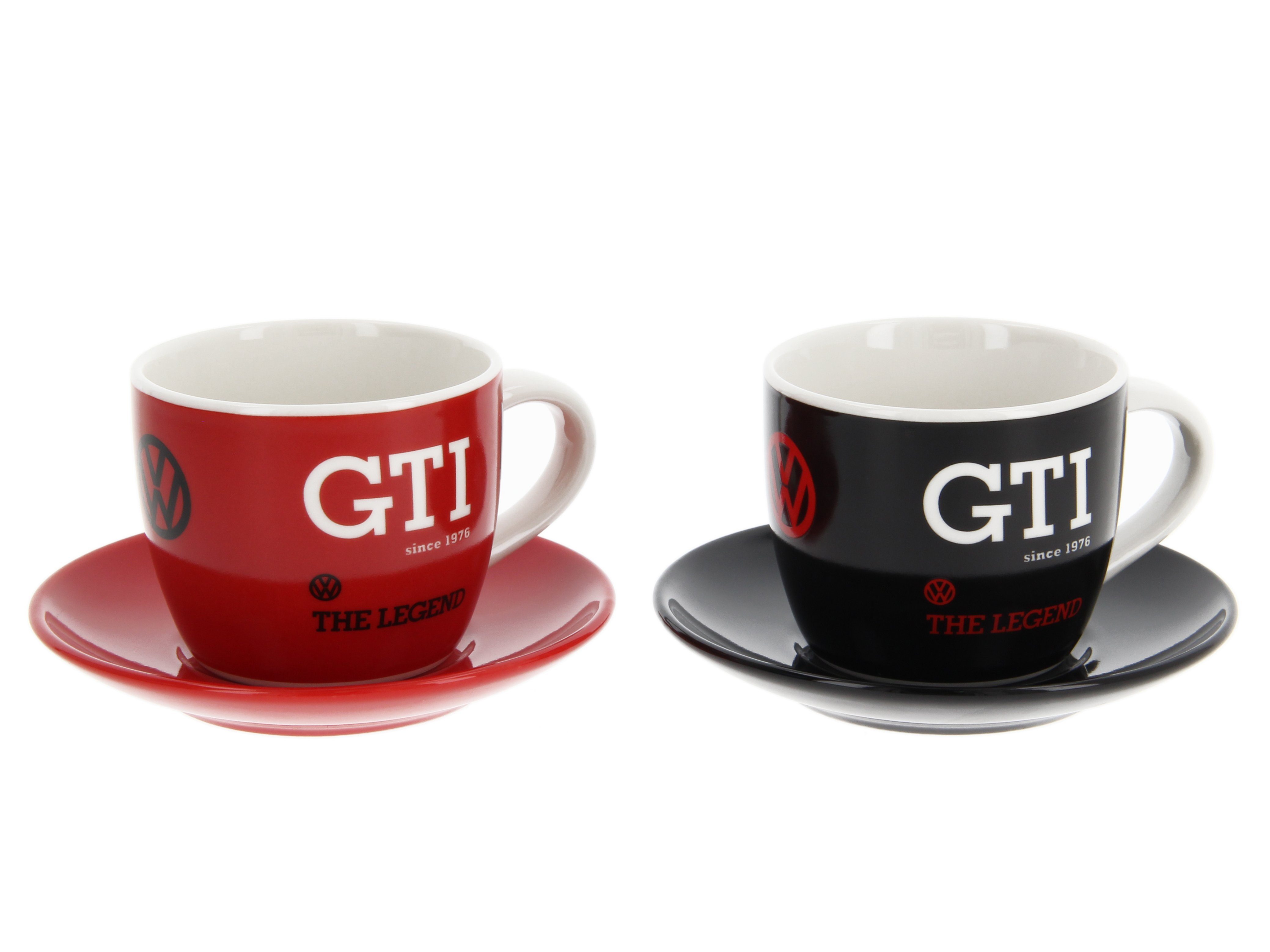 VW Collection by BRISA Espressotasse Volkswagen kleine Keramik Kaffeetasse, 2er Set, New Bone China, Espresso Becher mit Untertassen, GTI Design in Rot & Schwarz, 100ml
