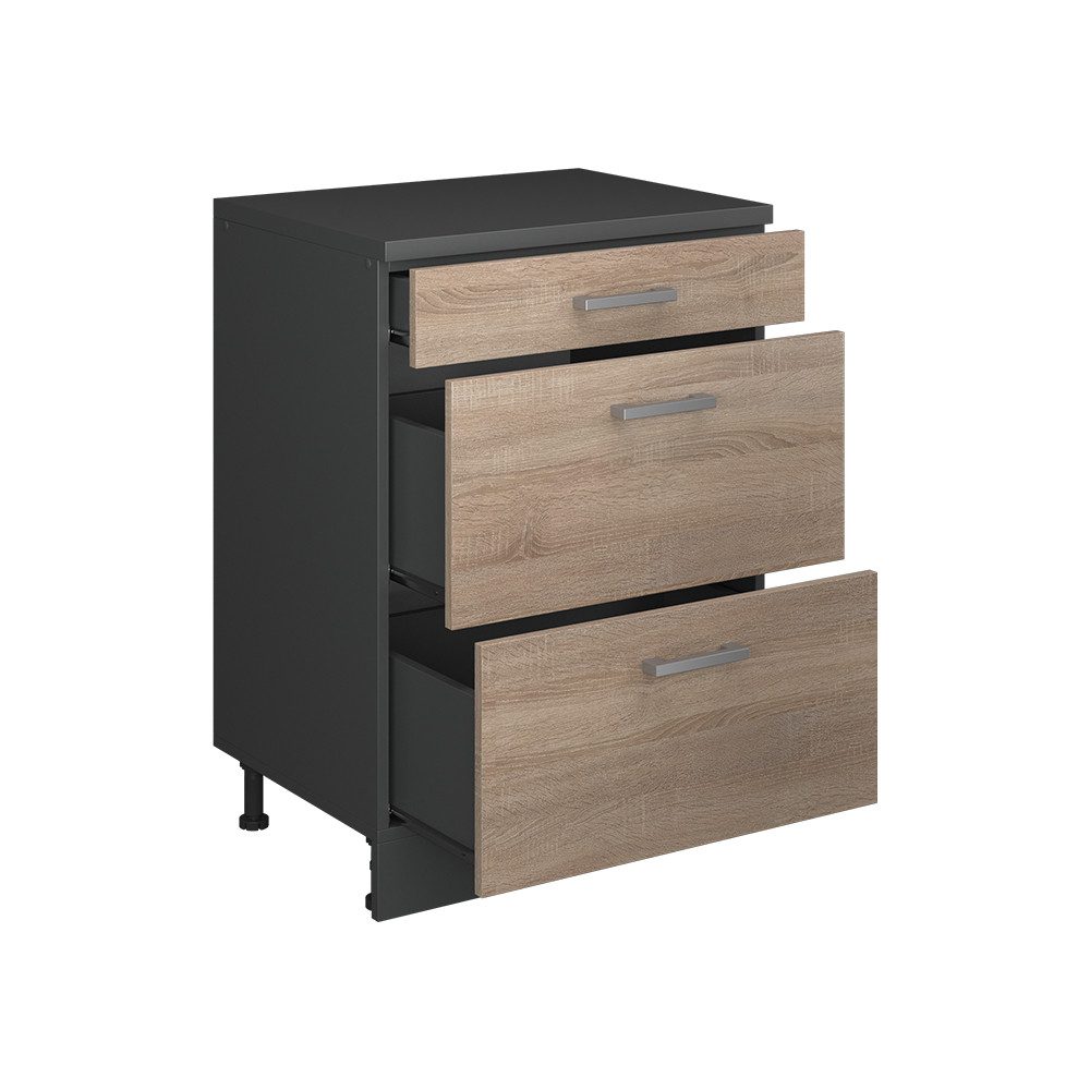 Vicco Unterschrank R-Line, Sonoma, 60 cm ohne Schräge mit 3 Schubladen