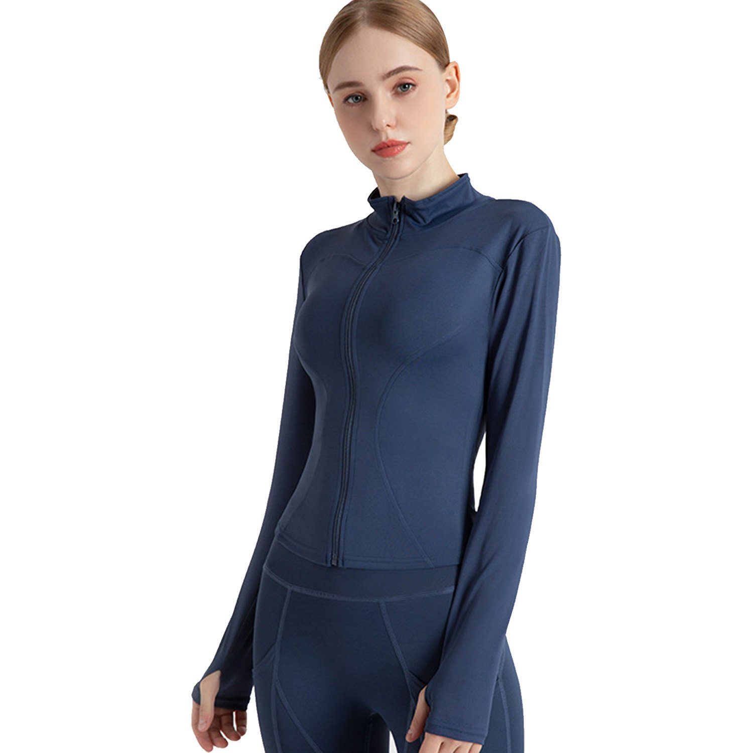 blau Sweatshirt, Fitness Sport MAGICSHE Stehkragen Reißverschluss Damen Top T-Shirt Top mit und Leichtes Funktionsshirt