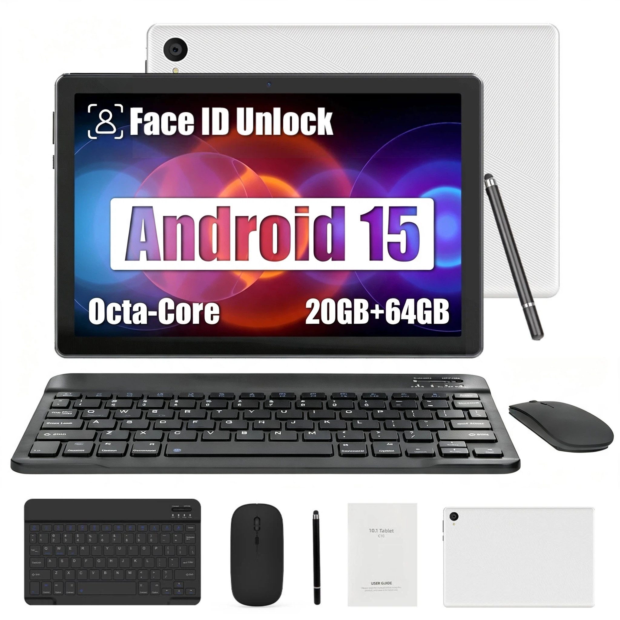 BUFO 10 Zoll 64GB erweiterbar auf 1 TB, mit Tastatur/Maus/Stift, Android Tablet (10", 64 GB, Android 15, 2,4G/5G WiFi, Split-Screen-Funktion, HD 1280x800, Dual-Kamera)