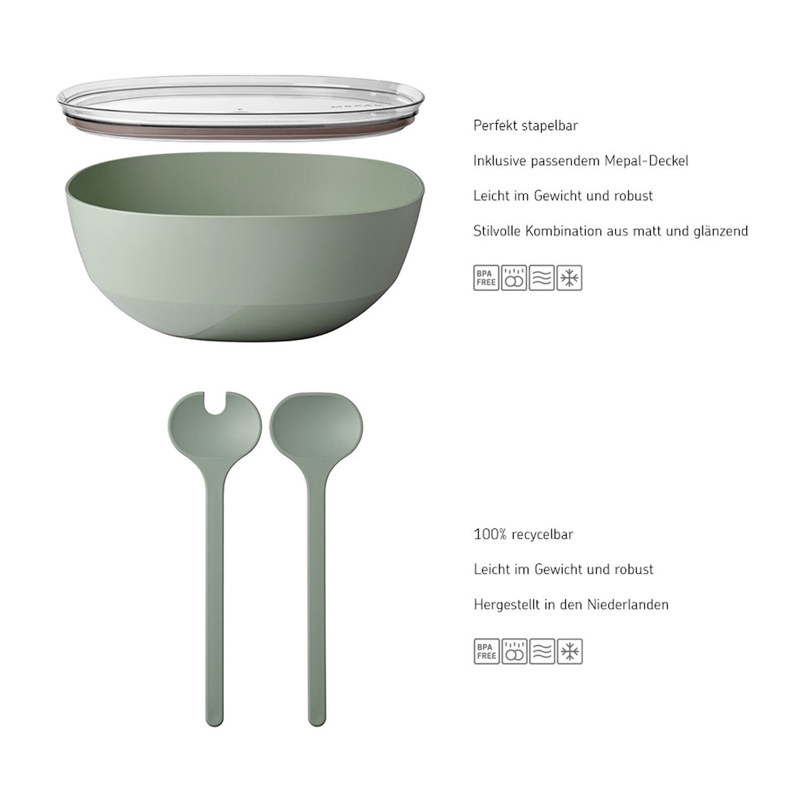 Mepal Schale Silueta Servierschale mit Deckel & Salatbesteck, Kunststoff, (1x Schale, 1x Salatbesteck, 2-tlg)