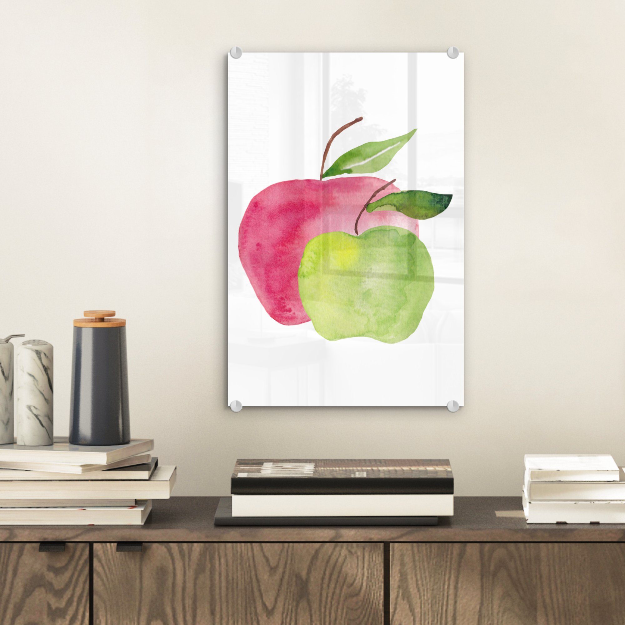 (1 Foto Acrylglasbild Glas - Glasbilder - Glas Aquarell St), Wandbild Wanddekoration Weiß, Äpfel - Bilder - - auf auf MuchoWow