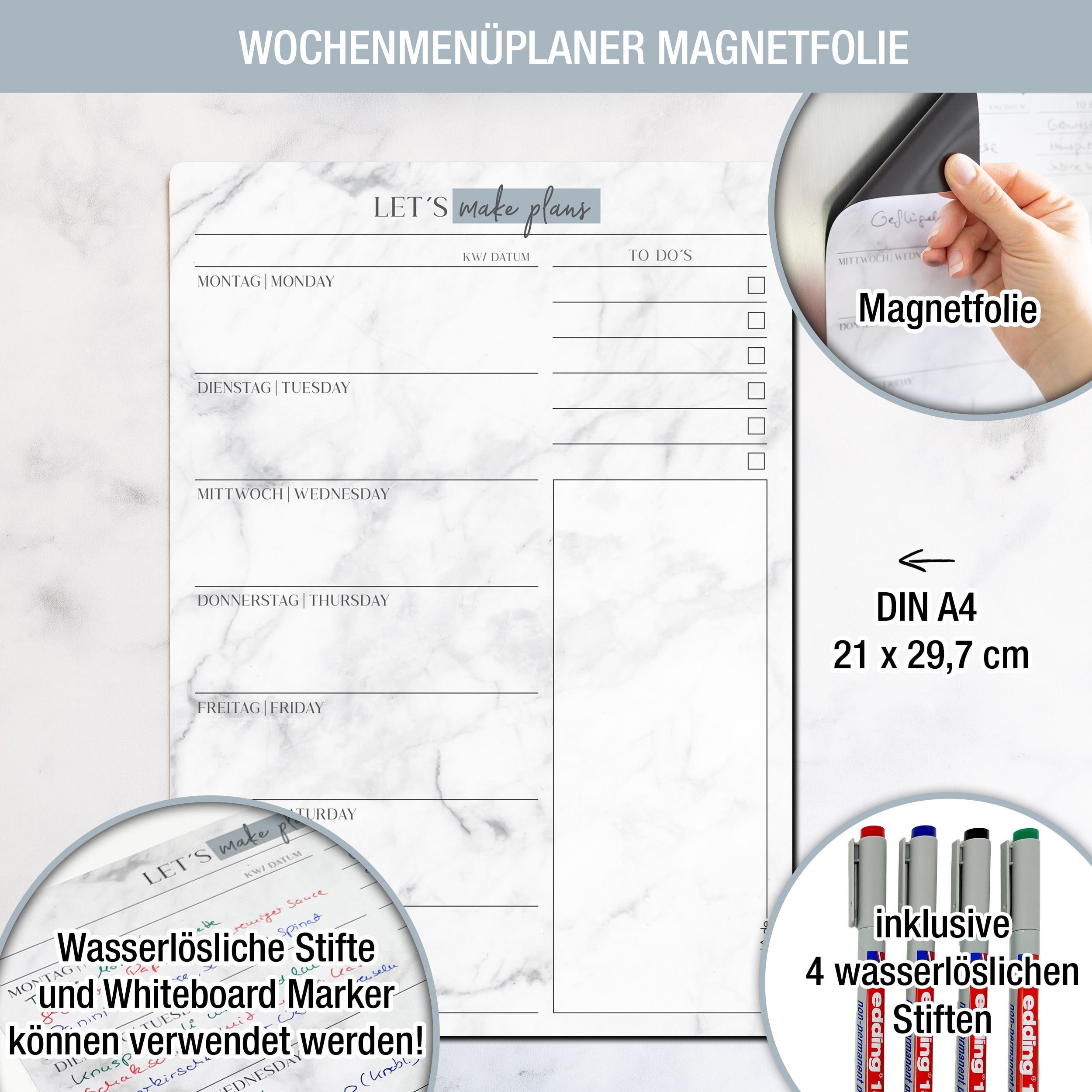 TOBJA Magnettafel Magnetischer Menüplaner A4 inkl. 4 edding Stifte, Wochenplaner Magnet abwischbar Essensplaner – Bild 2 von 5