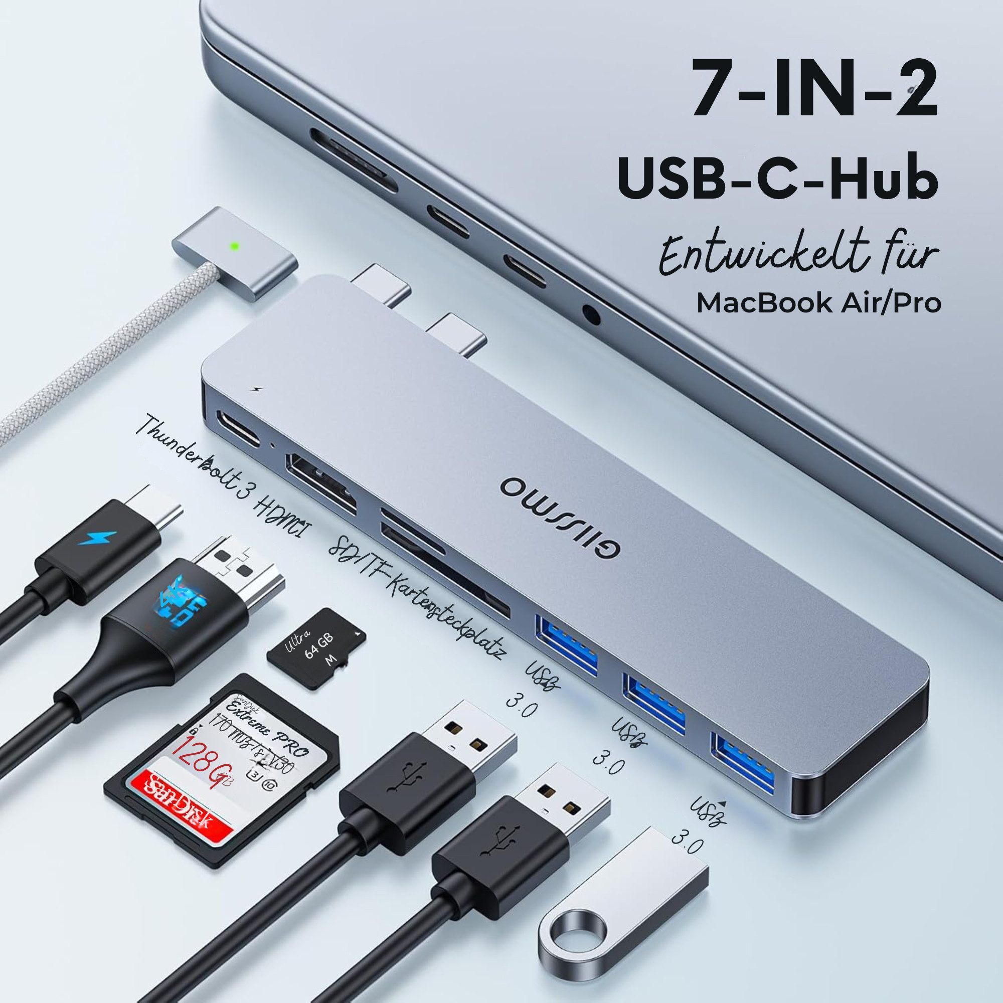 Vivitar 7-in-1-USB-C-Hub für MacBook mit Thunderbolt 3, 4K-HDMI, 3× USB 3.0 USB-Adapter USB-C zu USB-C, mit SD- und microSD-Kartenleser, 100 W PD, Multi-Port-Dockingstation