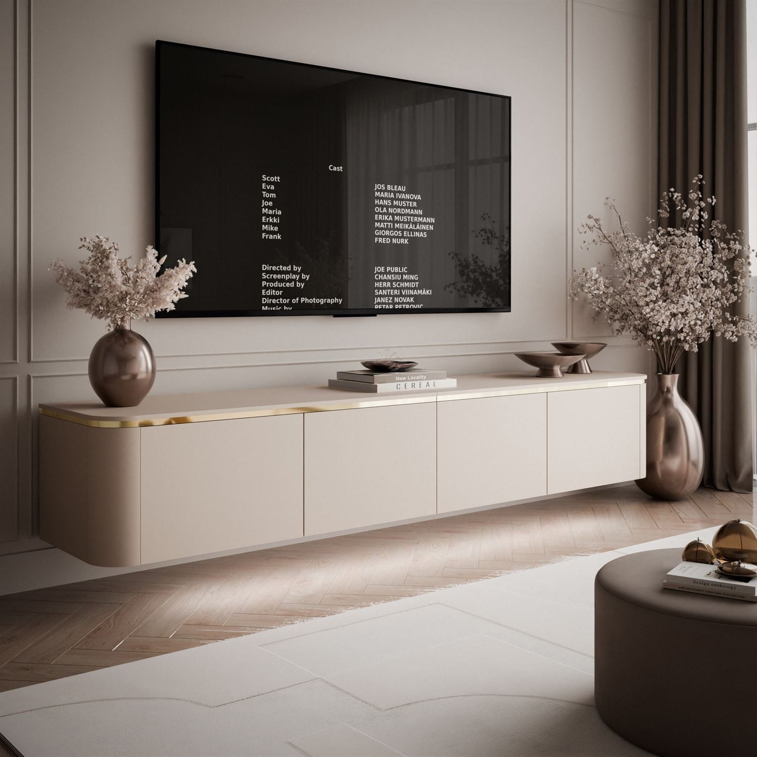ALLHOUSE24 TV-Schrank LINE 200 cm Kaschmir matt, LED, Push-Open, goldene Metallbeine (1x TV Schrank) Breite 200 cm
