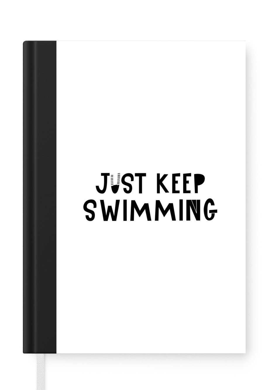 MuchoWow Notizbuch Kinderillustration mit dem Zitat 'Just keep swimming' auf weißem, Journal, Merkzettel, Tagebuch, Notizheft, A5, 98 Seiten, Haushaltsbuch