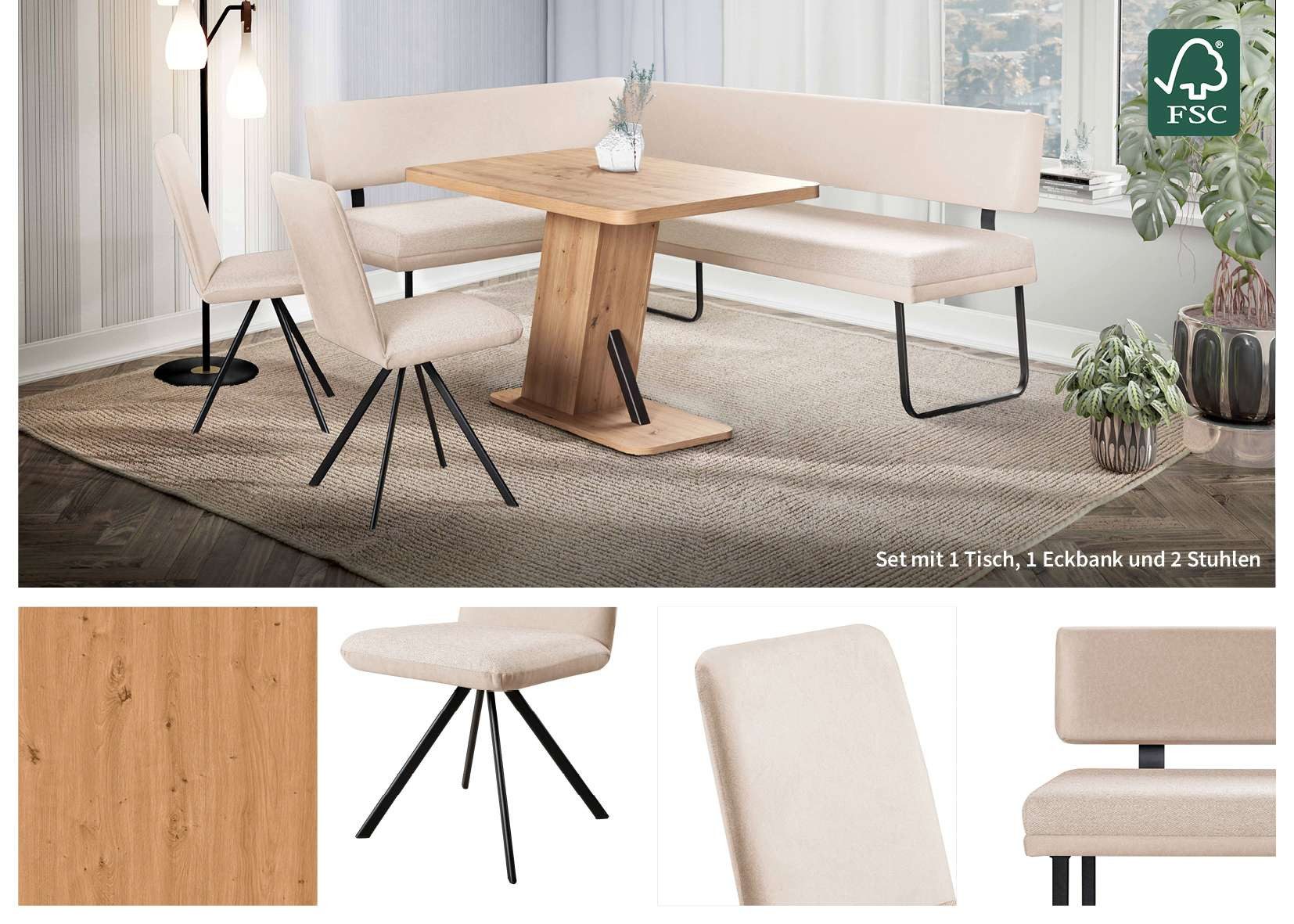 OTTO home Eckbankgruppe Gabi Essecke, Sitzgruppe, Eckbankgruppe, Küchenbankgruppe, (Set, 4-tlg., 4tlg), Gestell aus matt-schwarzem Flachmetall, stabil, 2-Stoff-Design
