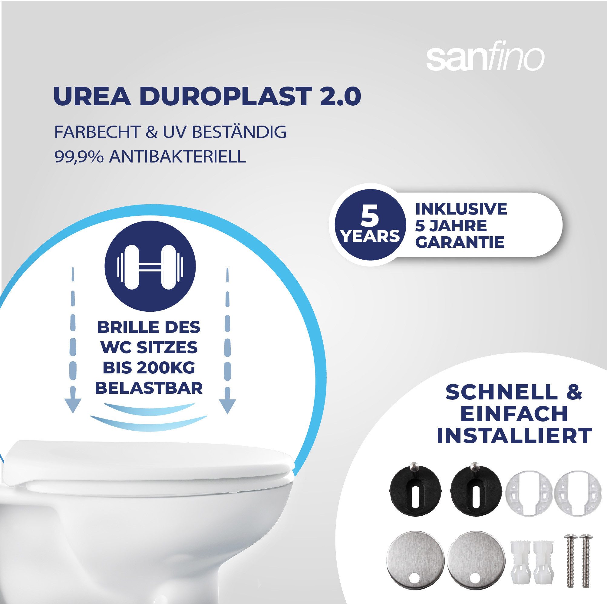 Sanfino WC-Sitz "Curvo" Premium Toilettendeckel mit Absenkautomatik, 5 Jahre Garantie, – TÜV geprüft – Antibakteriell – Kinderleichte Montage