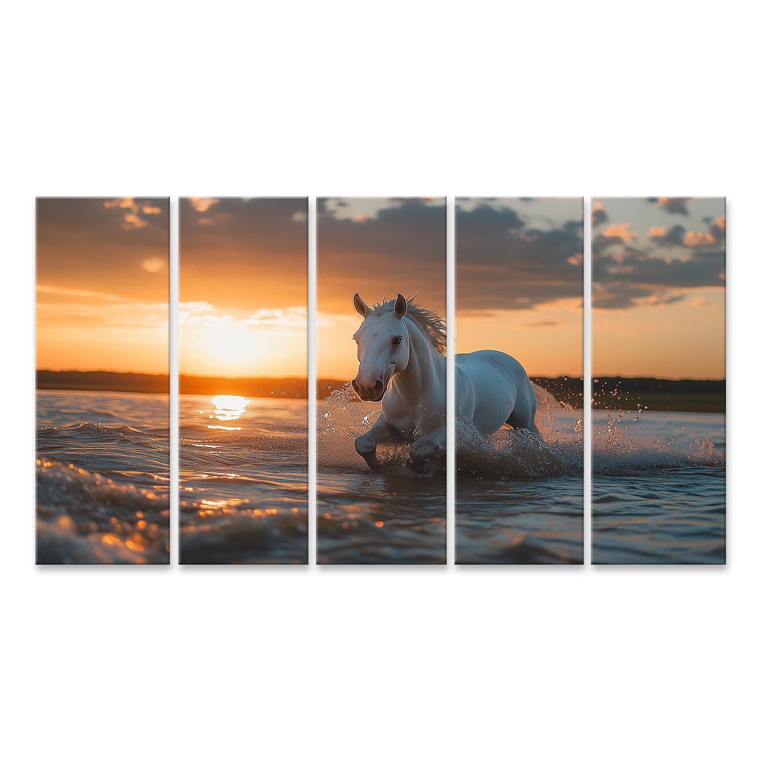 Leinwandbild Weißes Pferd im Sonnenuntergang am Wasser