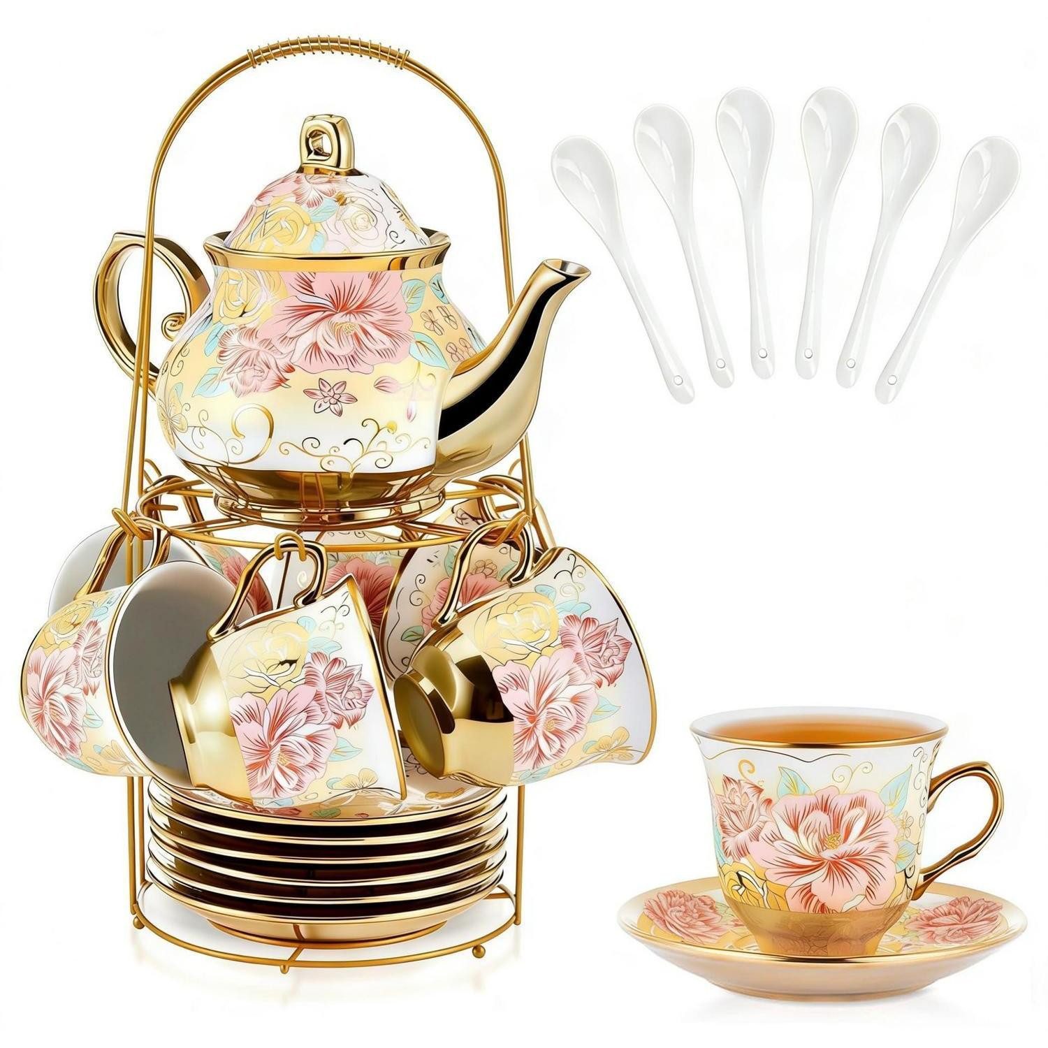 LuxusKollektion Teeservice Porzellan Teeset mit Metallhalter Goldblumen, Keramik