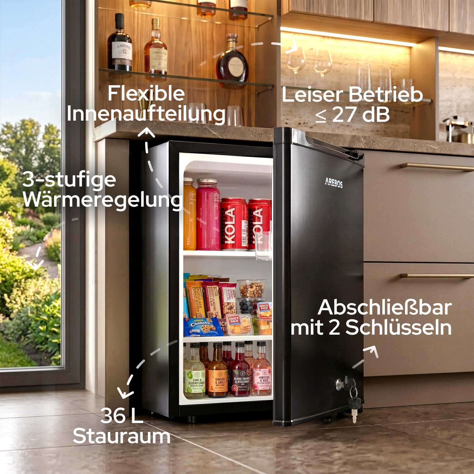 Arebos Getränkekühlschrank AR-HE-MKS40, 55,9 cm hoch, 42 cm breit, 3-Stufen Thermostat, Türanschlag wechselbar, Glasablagen, 2 Türfächer