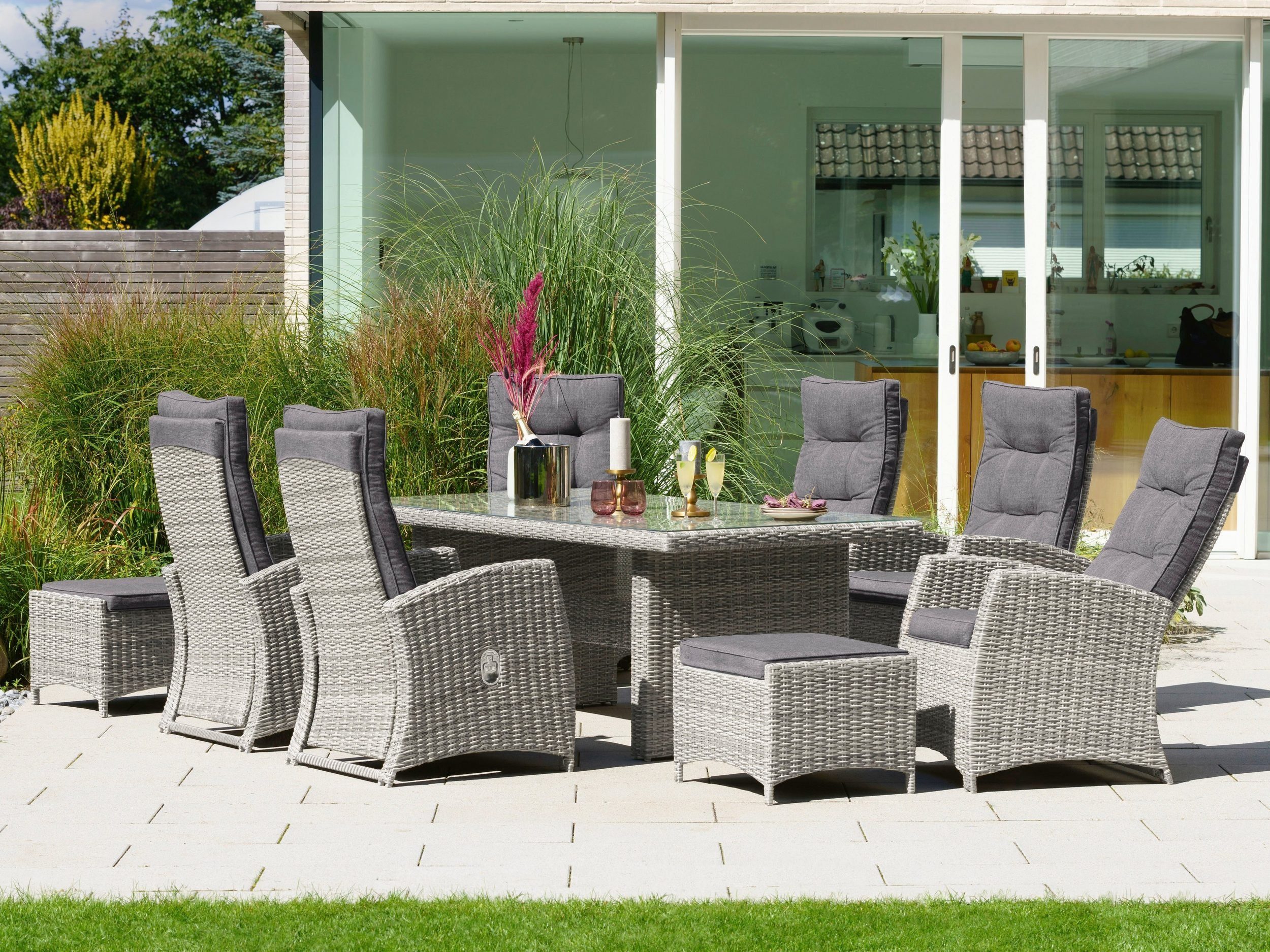 KONIFERA Garten-Essgruppe Monaco, (Set, 17-tlg., 6x Sessel, 2x Hocker, 1x Tisch 200x100x74cm, inkl. Auflagen), Polyrattan, Aluminium, Rückenlehne verstellbar